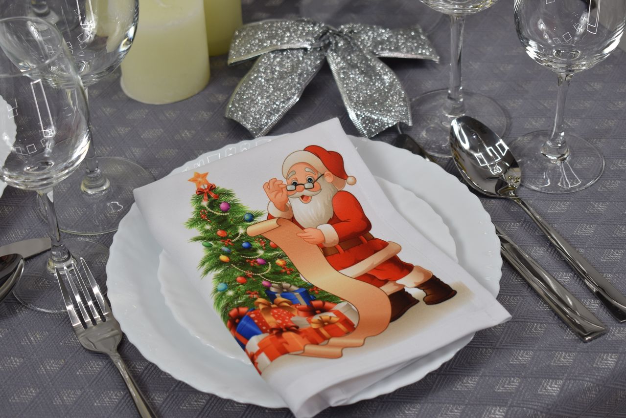 Салфетка тканевая "Рождественский Санта" №2, (сервировочная 40х40см, Белый)