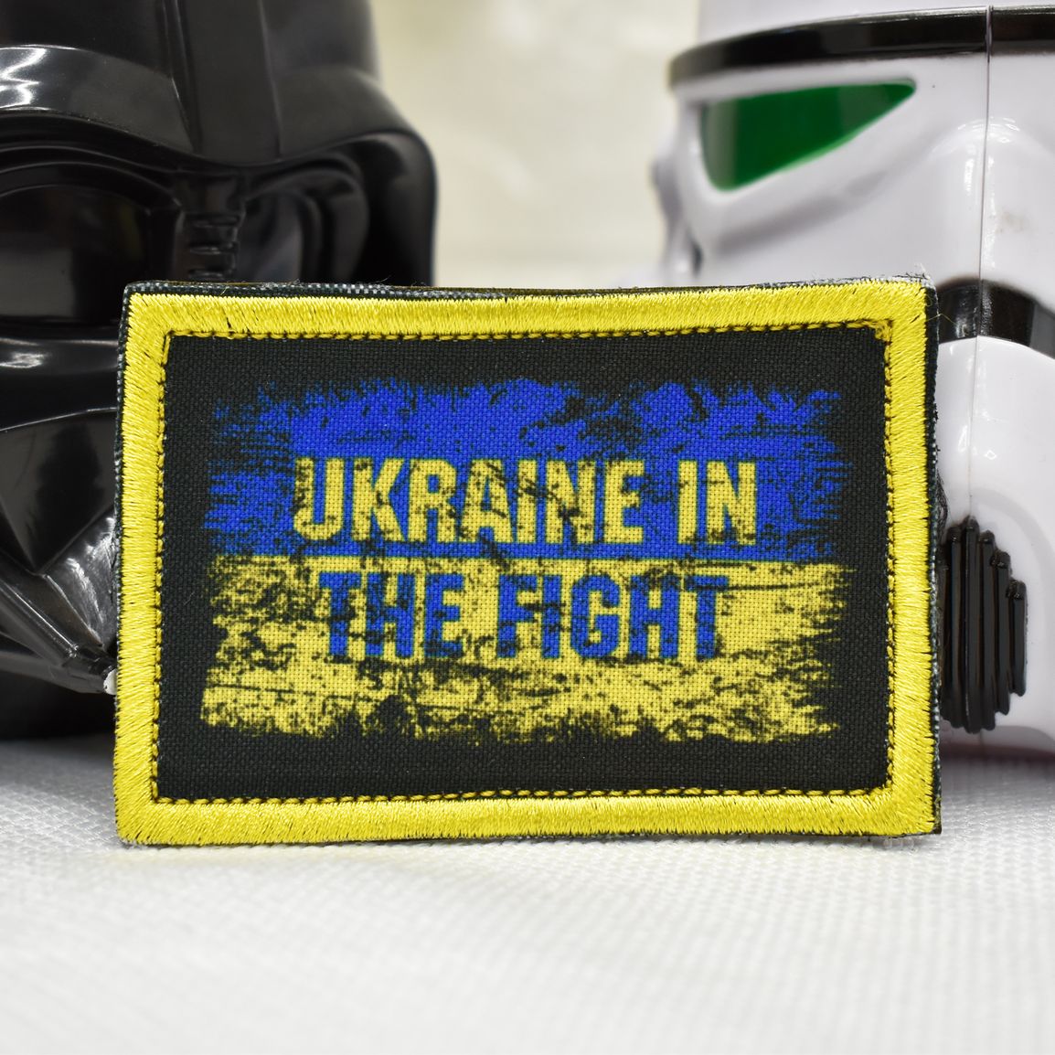 Шеврон "UKRAINE IN THE FIGAT вишивка з жовтим кантом ", 60х90мм